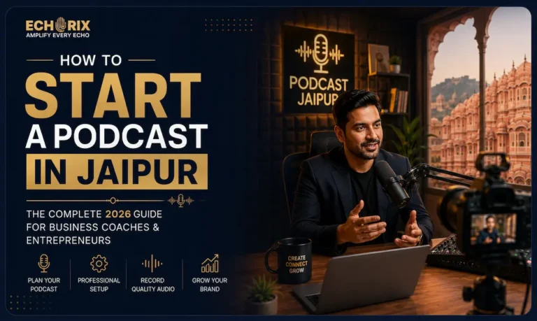 best podcast studio in Jaipur featuring professional podcast recording setup, business coach recording video podcast at Echorix Studio Jaipur