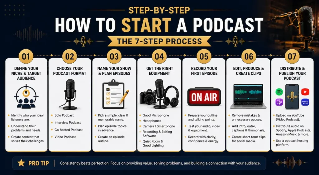 How to Start a Podcast step-by-step infographic guide for podcast setup, recording, editing, and publishing for entrepreneurs.