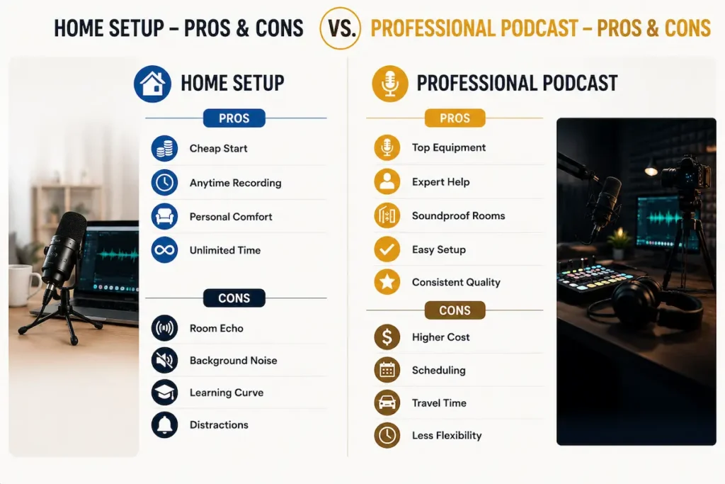 Professional Podcast Studio vs Home Setup comparison infographic with key pros and cons