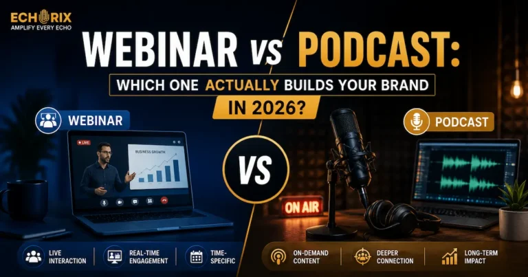 Webinar vs Podcast for brand building comparison showing webinar and professional podcast setup